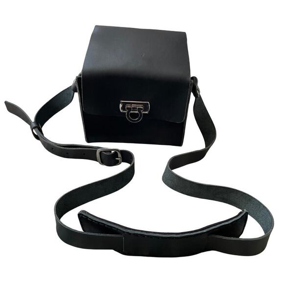 Handcrafted Black Leather Camera Bag | 5.5” Square, Adjustable Strap, Clasp - Picture 2 of 6